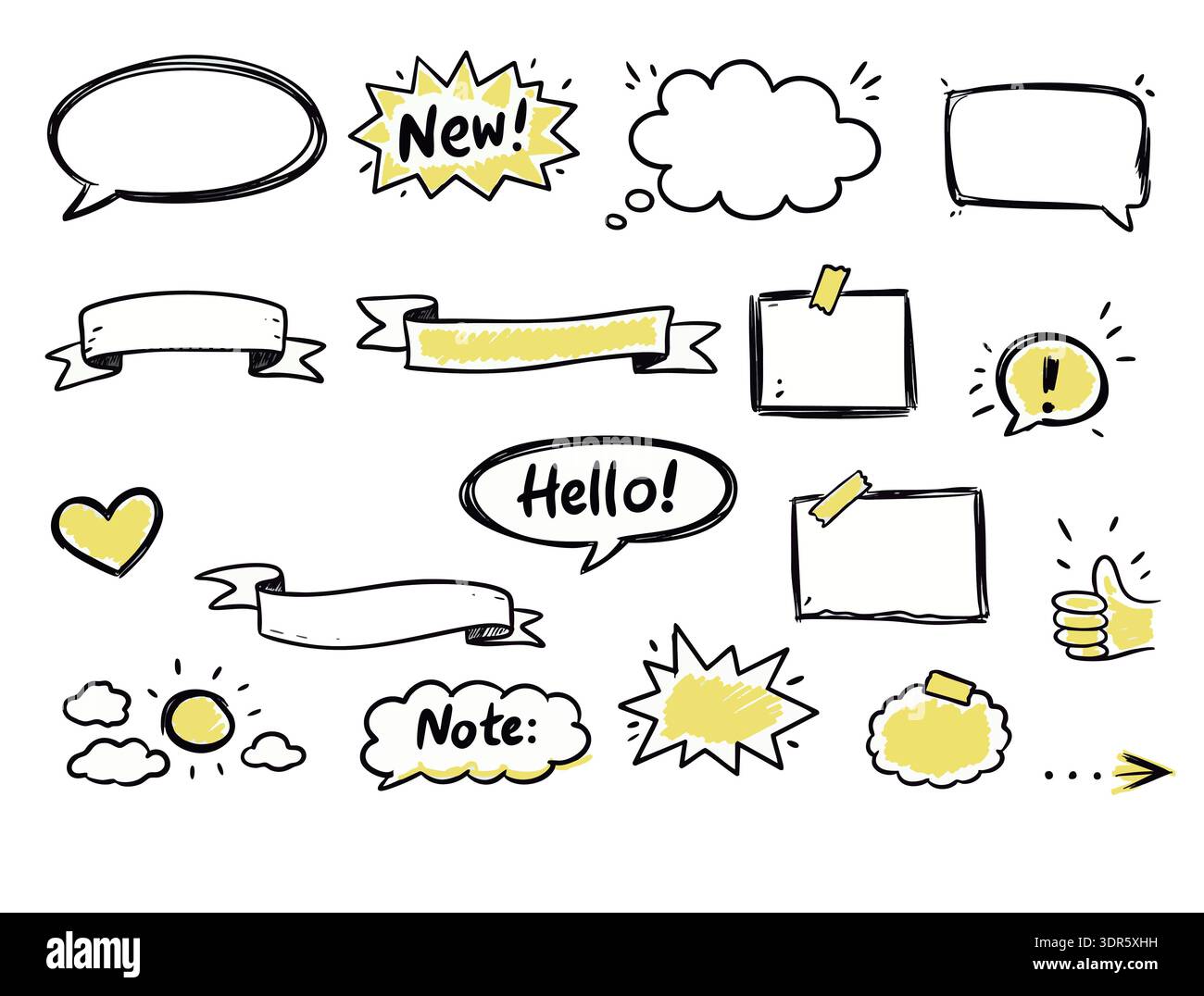 Hand Drawn Speech Bubbles and Stickers Set with Doodle Elements Stock Vector