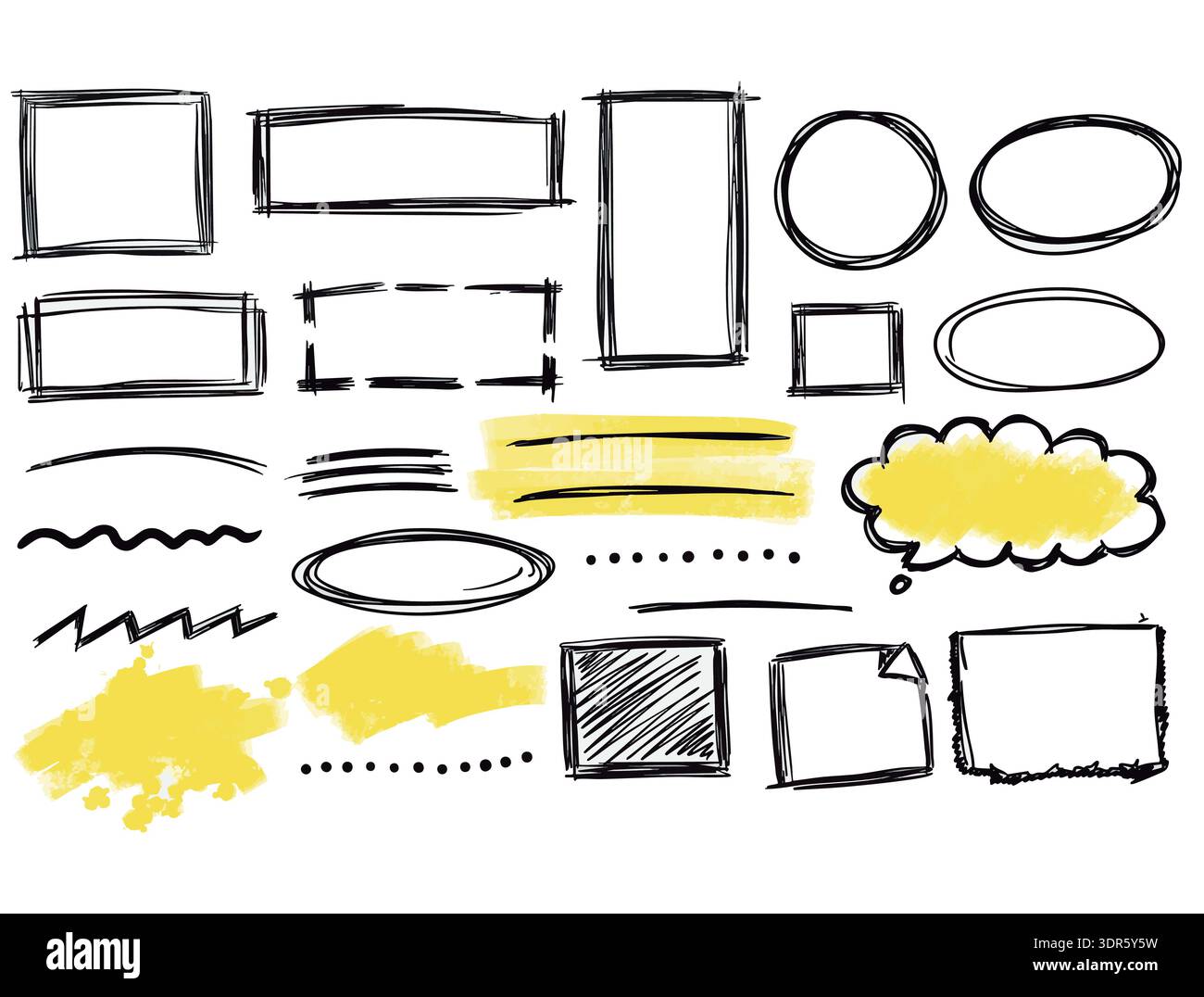 Hand Drawn Highlight Elements Set with Frames, Lines and Doodles Stock Vector