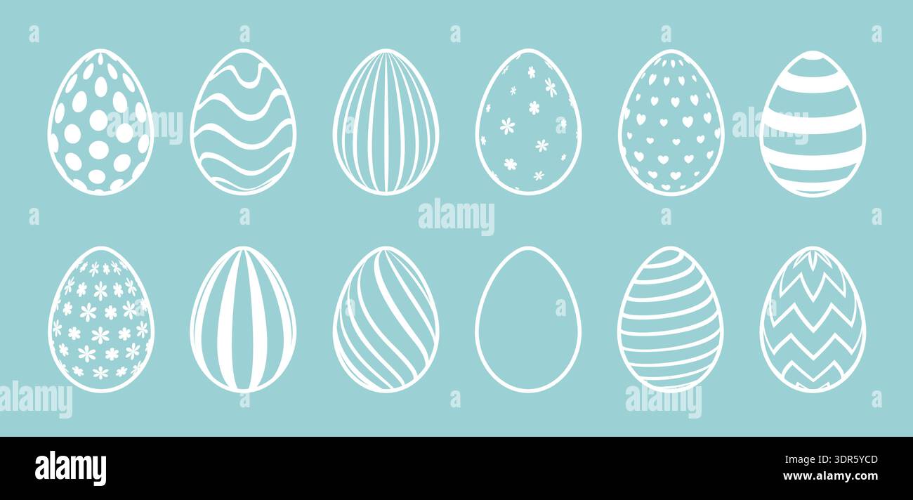 A set of Easter eggs with cute decorative patterns on a blue background. A set of silhouettes of eggs with patterns. Stock Vector