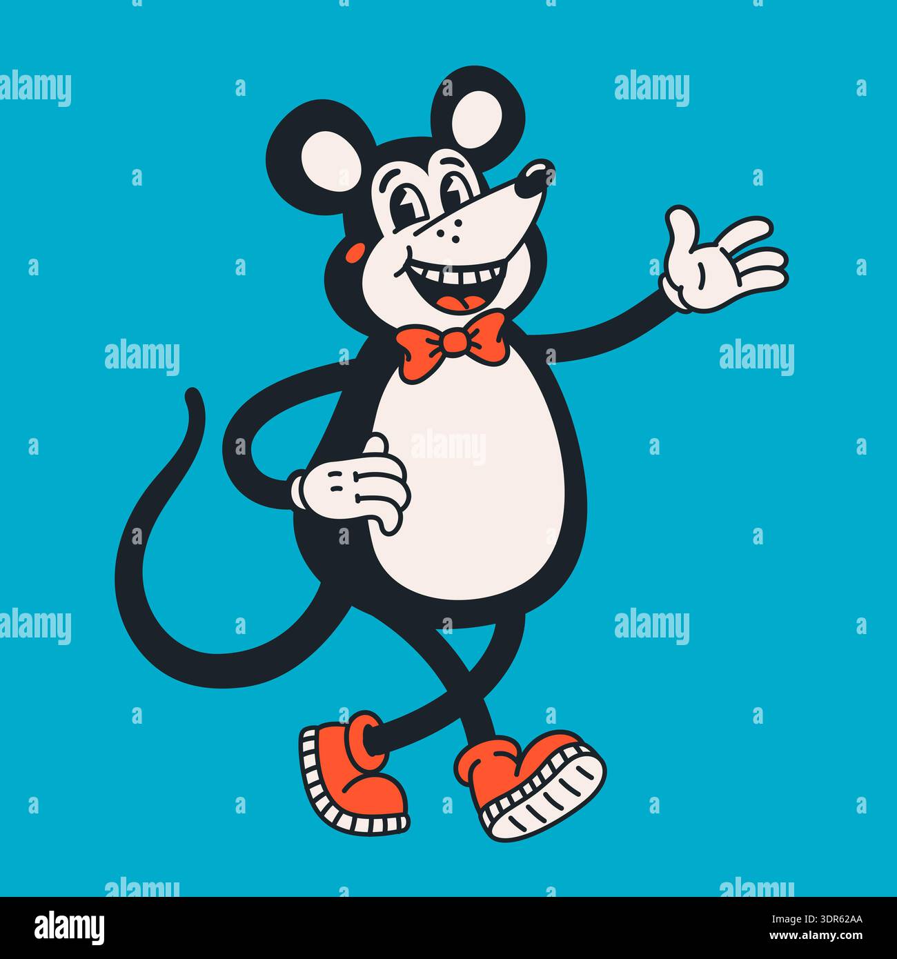 Retro cartoon mouse character in groovy vintage illustration style with bold outlines and bright blue background. Retro mouse character in groovy Stock Vector