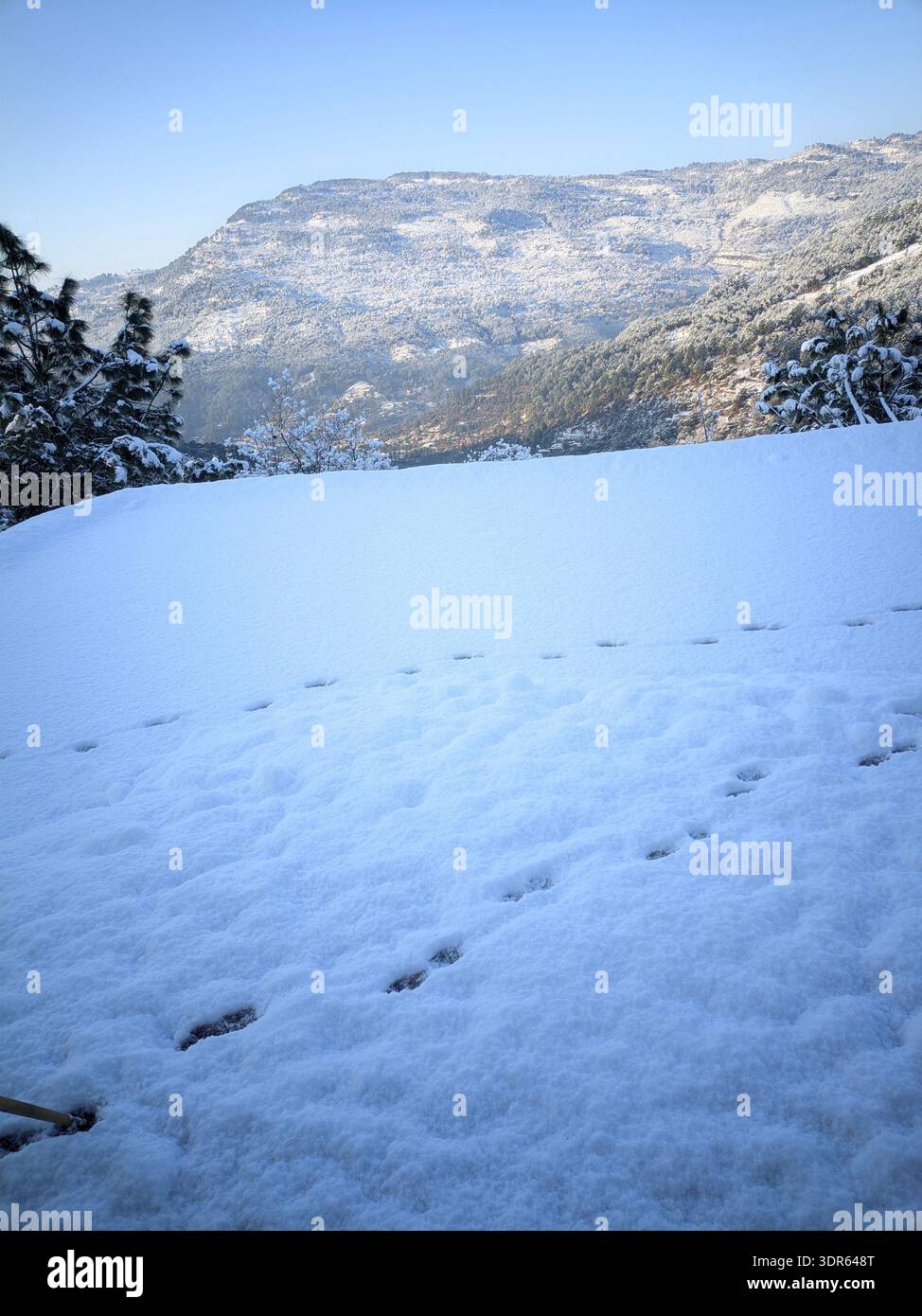 Snow covered mountain landscape with trail of footprints under clear blue sky. Stock Photo
