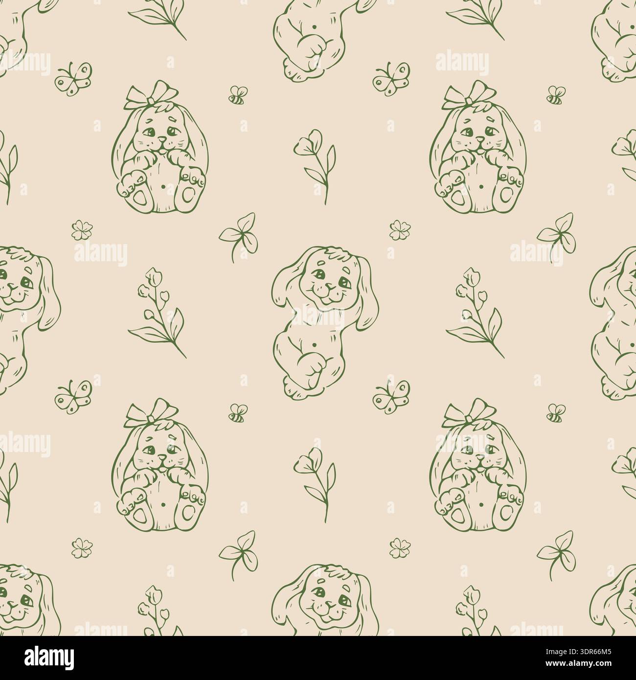 Seamless vector pattern with cute bunnies and flowers Stock Vector