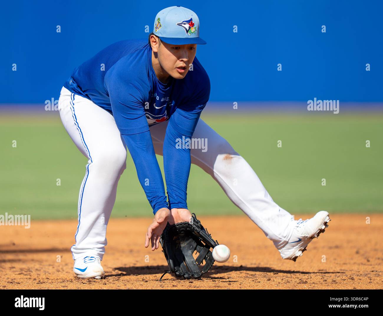 Toronto Blue Jays' Kazuma Okamoto fields a ground ball at Spring ...