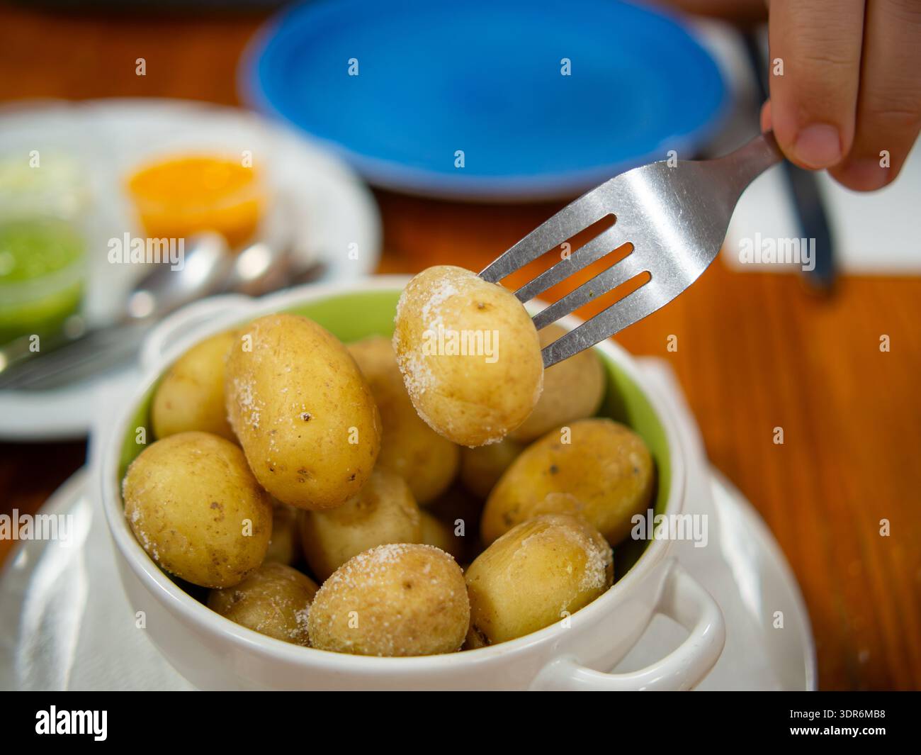 Macro of a fork piercing a traditional Canarian wrinkled potato (Papas Arrugadas) in a rustic restaurant. Stock Photo