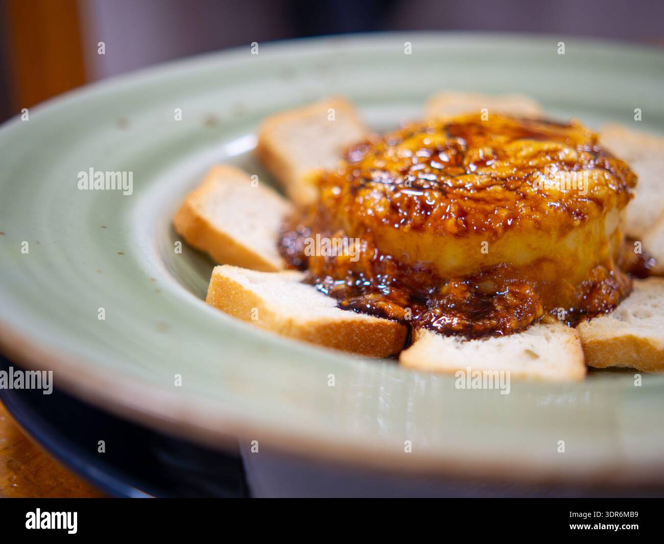 Gourmet sweet potato timbale with traditional Canarian almogrote cheese and a drizzle of palm honey Stock Photo