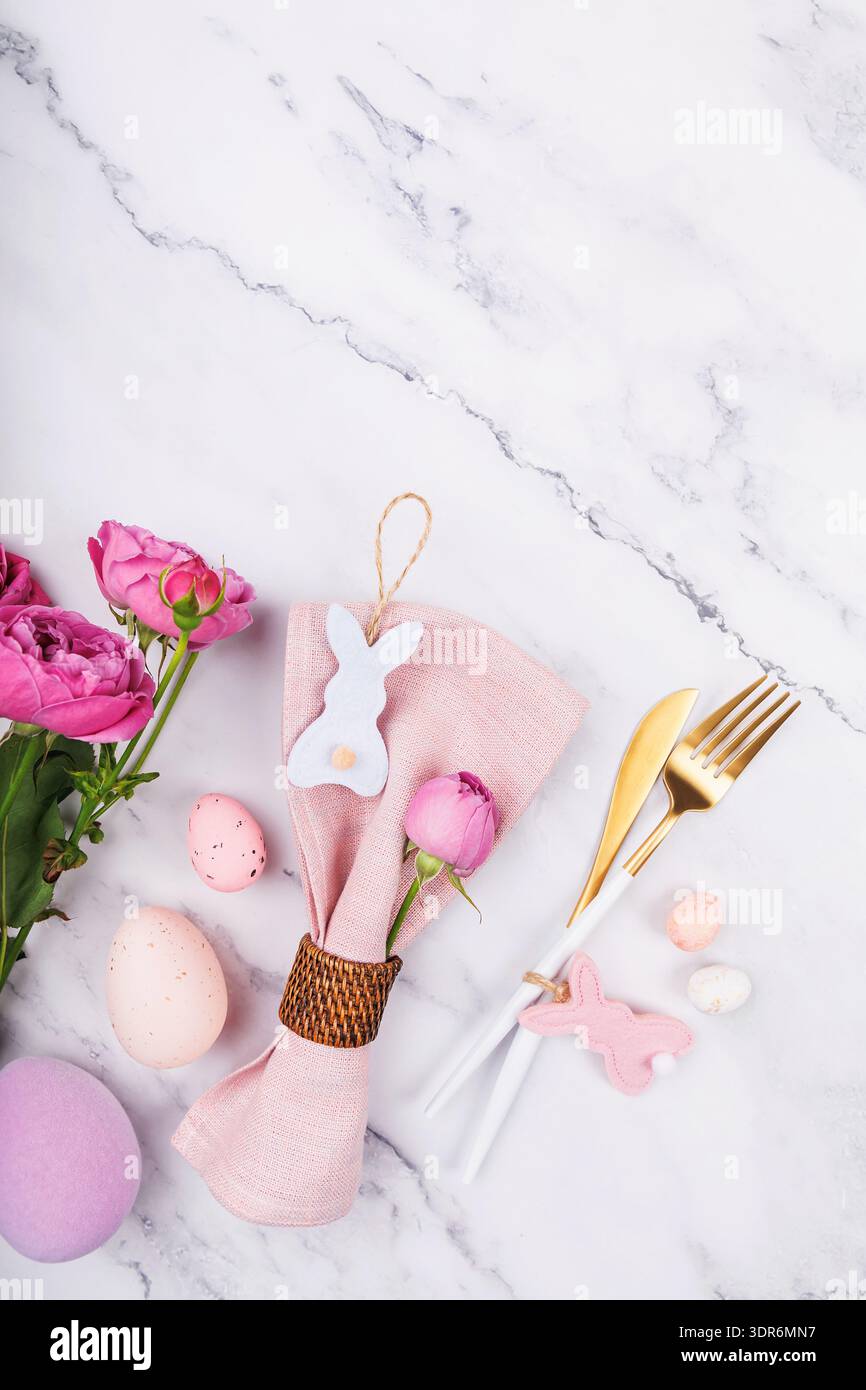 Easter Table Flat Lay with Bunny and Pastel Decor Stock Photo