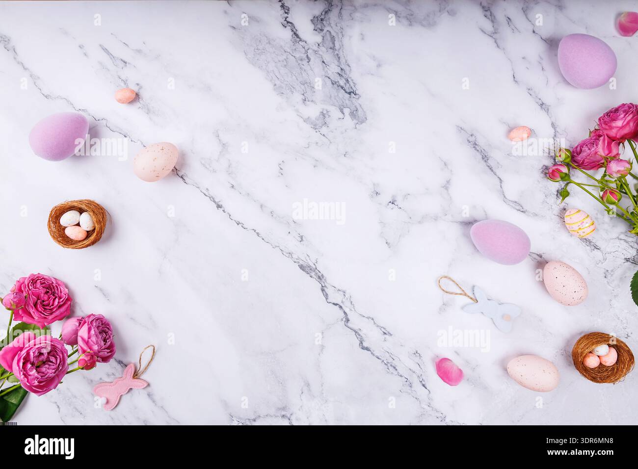 Spring Flat Lay with Easter Eggs and Flowers Stock Photo