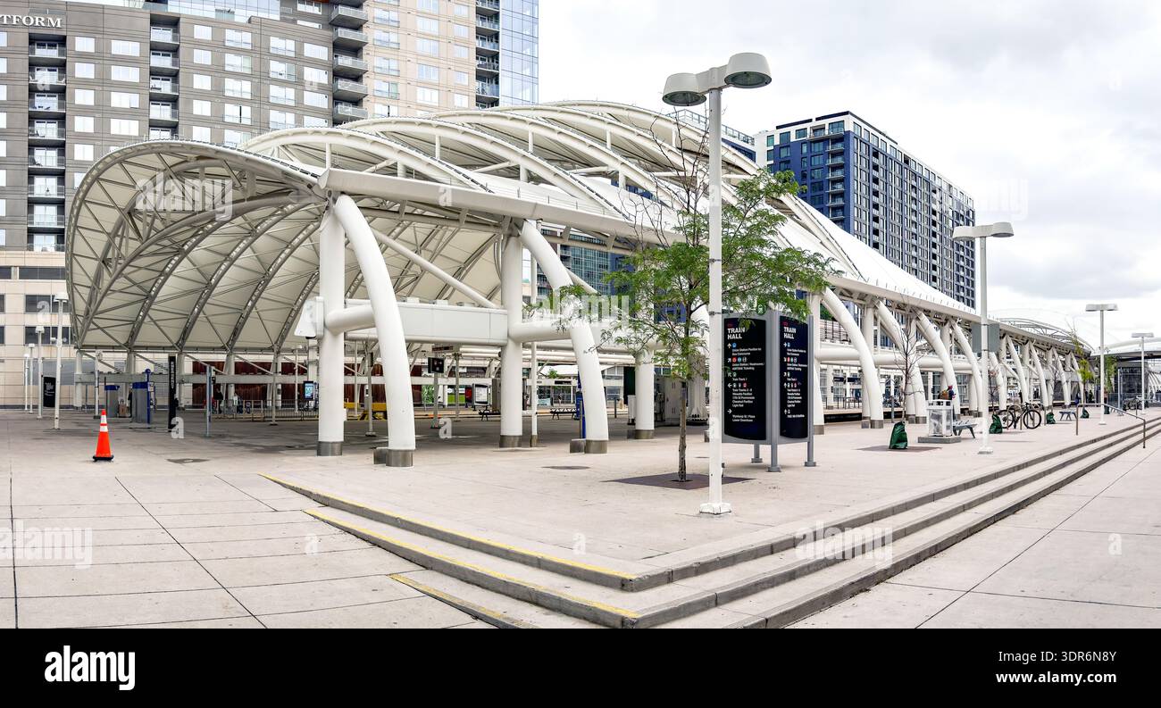 Denver, Colorado, USA - 2 June 2025: Panoramic view of the modern design canopy over platforms at Denver Union Station - Smartphone Captured Stock Image