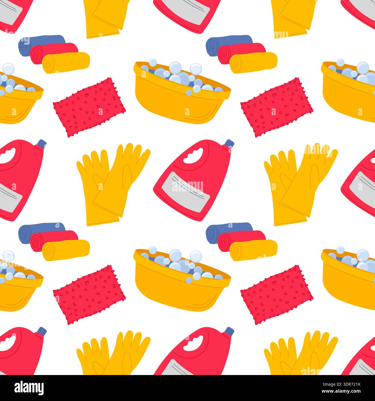 Household cleaning seamless pattern: soapy water, brushes, specialized cleaning products. Repeating background for wallpapers. Stock Vector