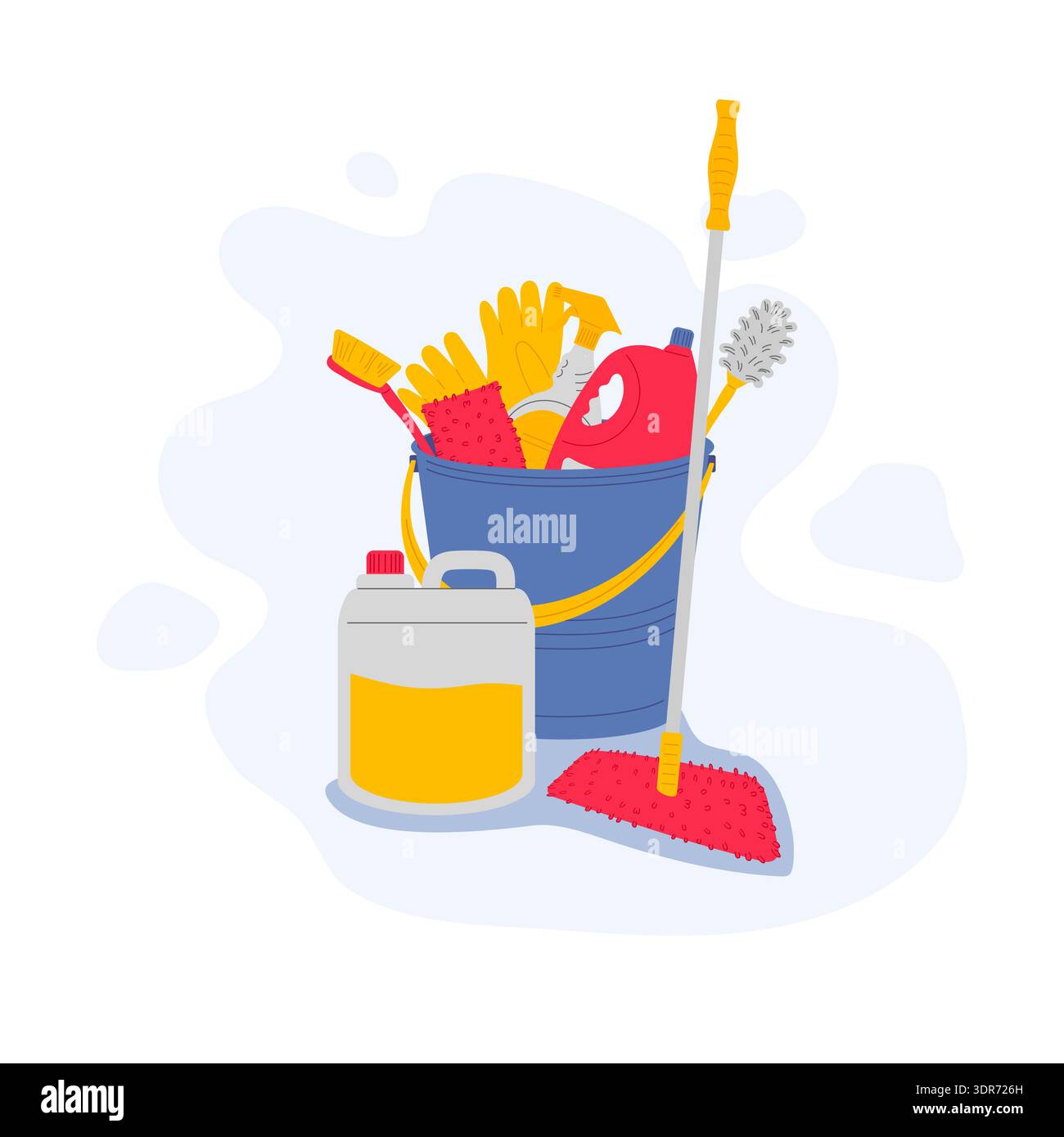 Cleaning at home and in office: bucket with cleaning products and cleaning equipment. Red, yellow, and blue vector illustration. Stock Vector