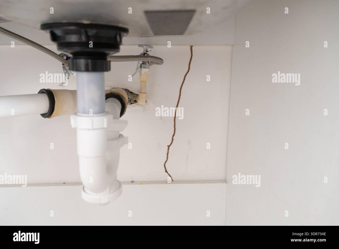 Termite mud tube on cabinet wall under a kitchen sink with plumbing pipes, showing termite infestation and structural damage inside a home. Stock Photo