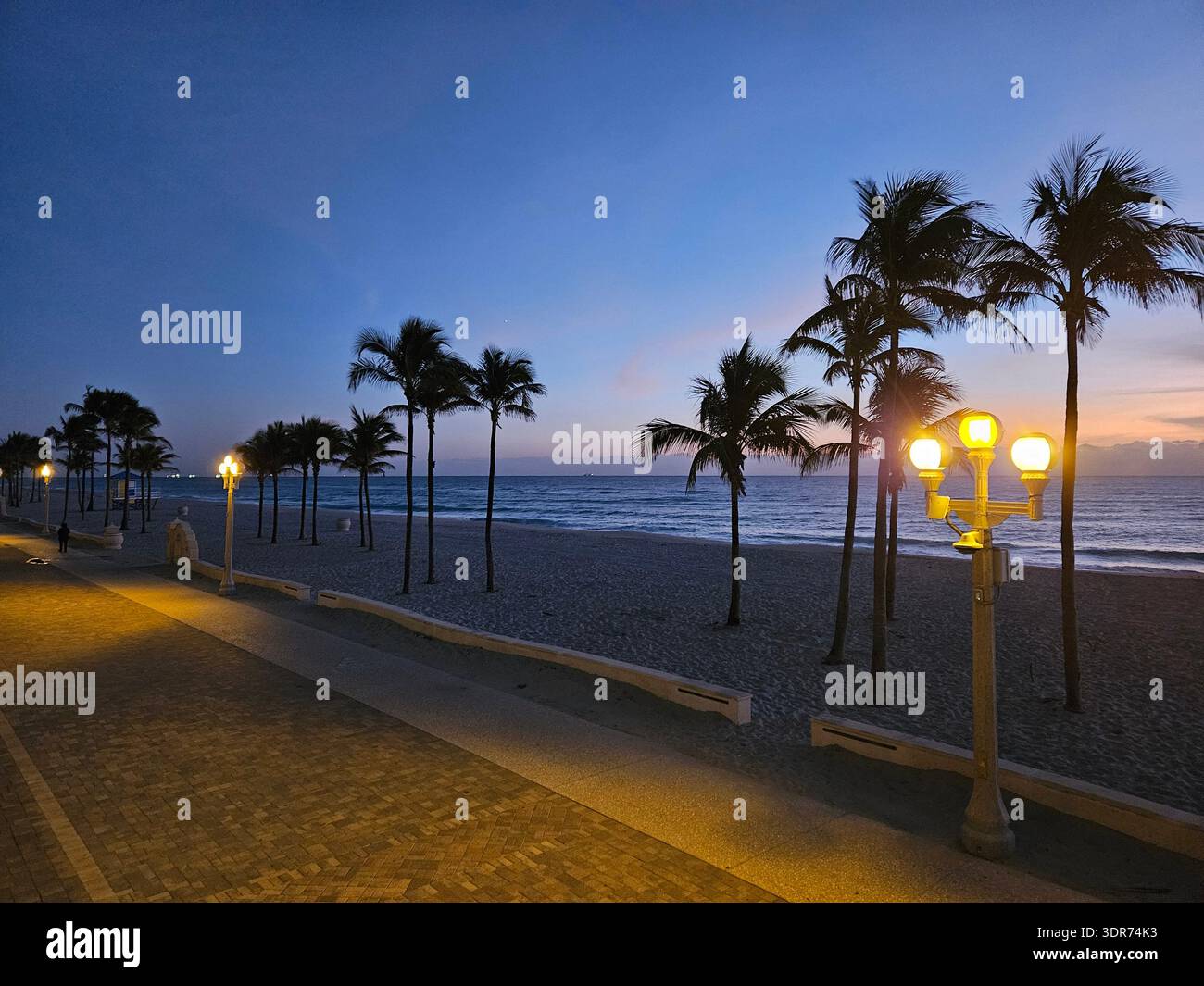EDITORIAL USE ONLY- HOLLYWOOD BEACH BROADWALK FLORIDA:  A quiet, atmospheric scene of the Hollywood Beach Broadwalk in Florida during the "blue hour." Glowing vintage-style lamp posts illuminate the brick-paved pedestrian promenade, while dark silhouettes of tropical palm trees line the sandy beach against a deep blue twilight sky. The Atlantic Ocean and a peaceful shoreline create a serene, vacation-style landscape perfect for travel and lifestyle editorial use. - Smartphone Captured Stock Image