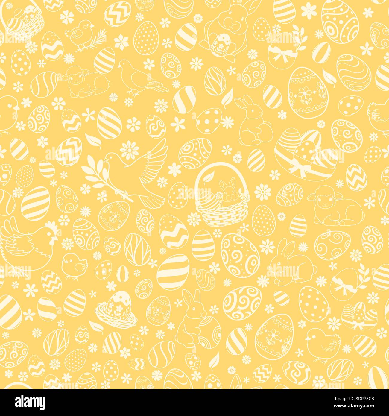 Easter seamless pattern with white easter eggs, bunnies, chicks, lambs, flowers on yellow background. Stock Vector