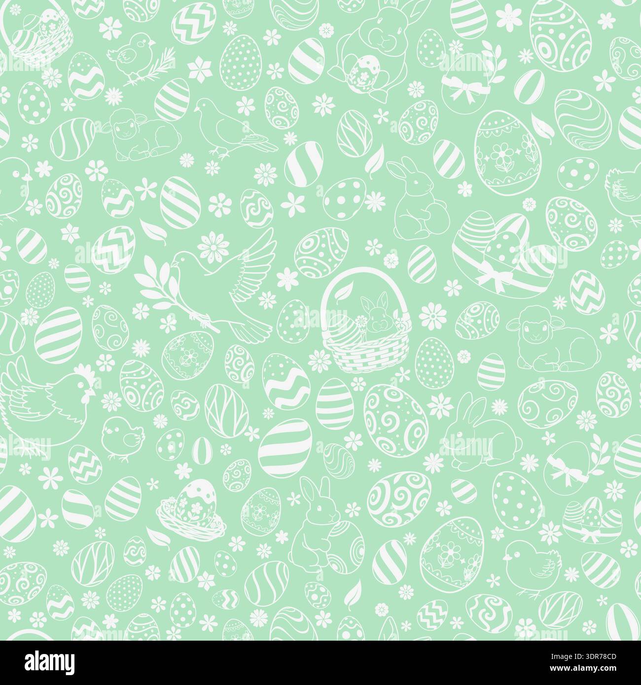 Easter seamless pattern with white easter eggs, bunnies, lambs, chicks, flowers on mint green background. Stock Vector