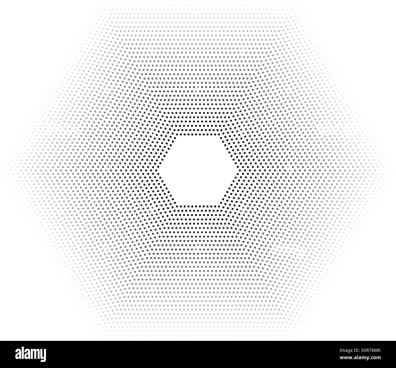 Hexagonal shape with 32 concentric dotted lines of equal thickness with gradient from inner to outer lines Stock Vector