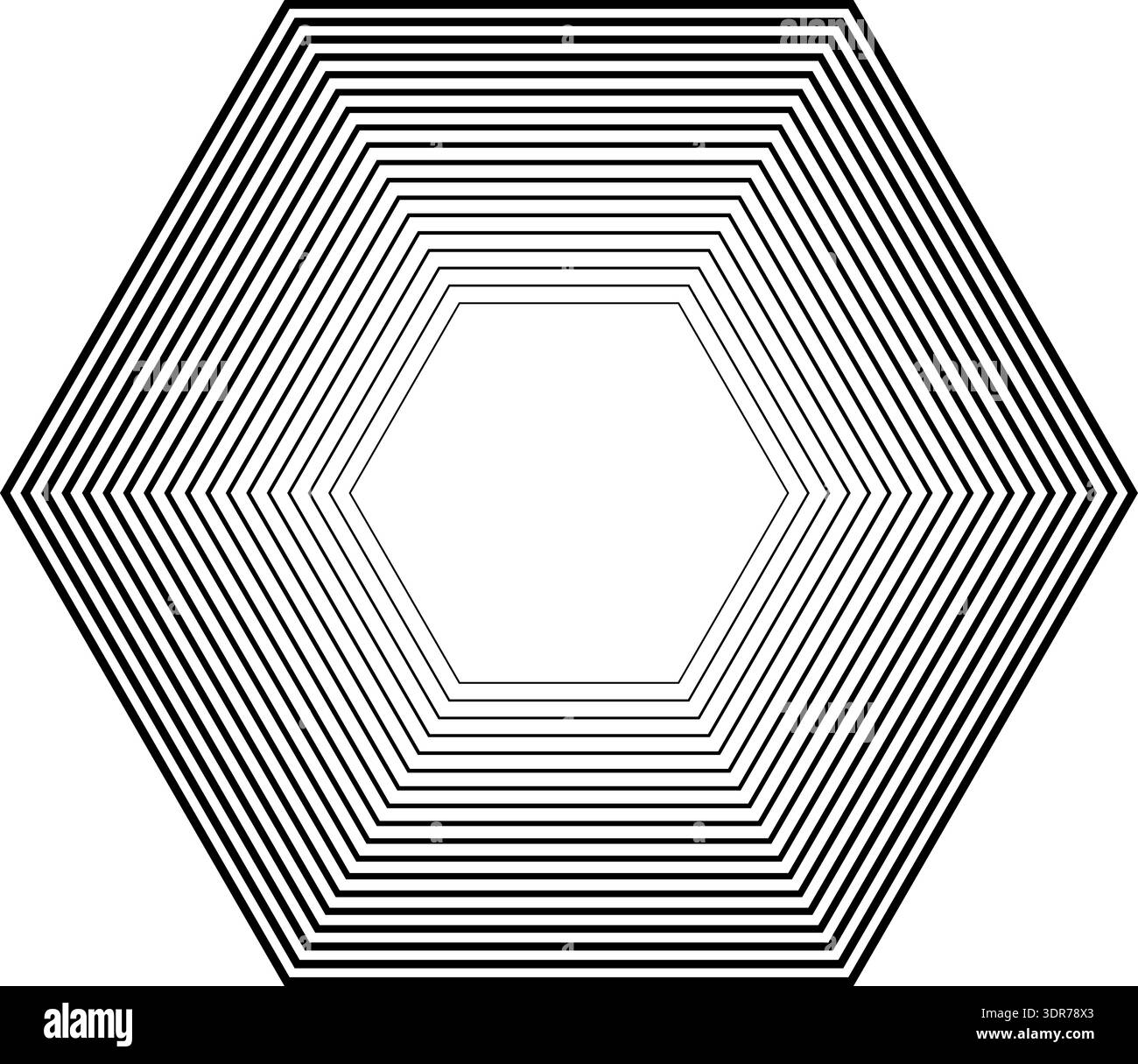 Hexagonal shape with 18 concentric continuous lines where inner lines are thinner and outer lines are thicker without gradient Stock Vector