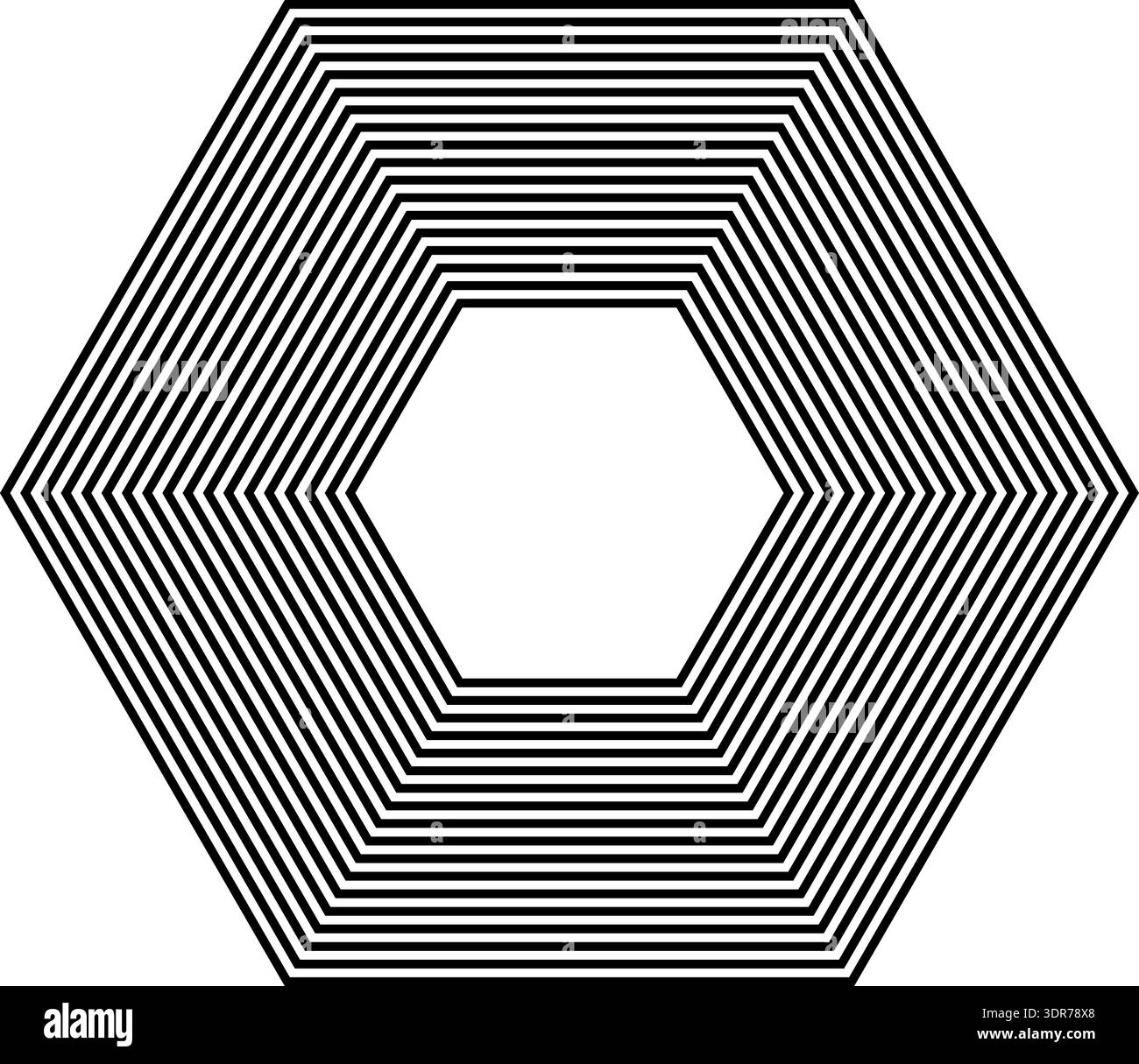 Hexagonal shape with 18 concentric continuous thick lines all of equal thickness without gradient Stock Vector