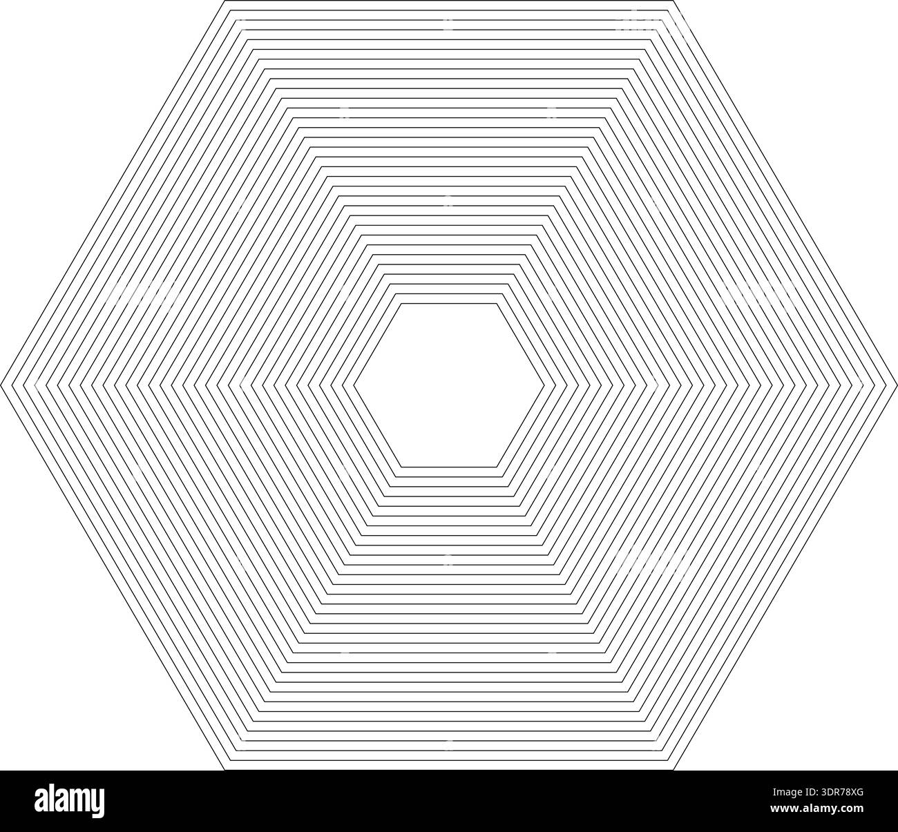 Hexagonal shape with 32 concentric continuous lines all of equal thickness without gradient Stock Vector