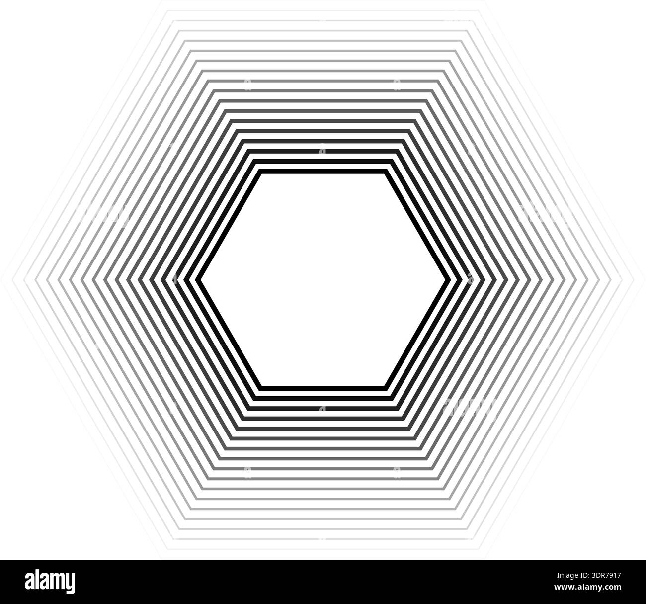 Hexagonal shape with 18 concentric continuous lines where inner lines are thicker than outer lines with gradient Stock Vector