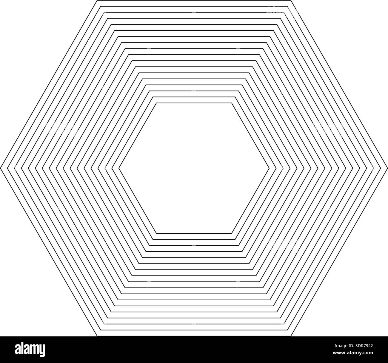 Hexagonal shape with 18 concentric continuous lines of equal thickness without gradient Stock Vector