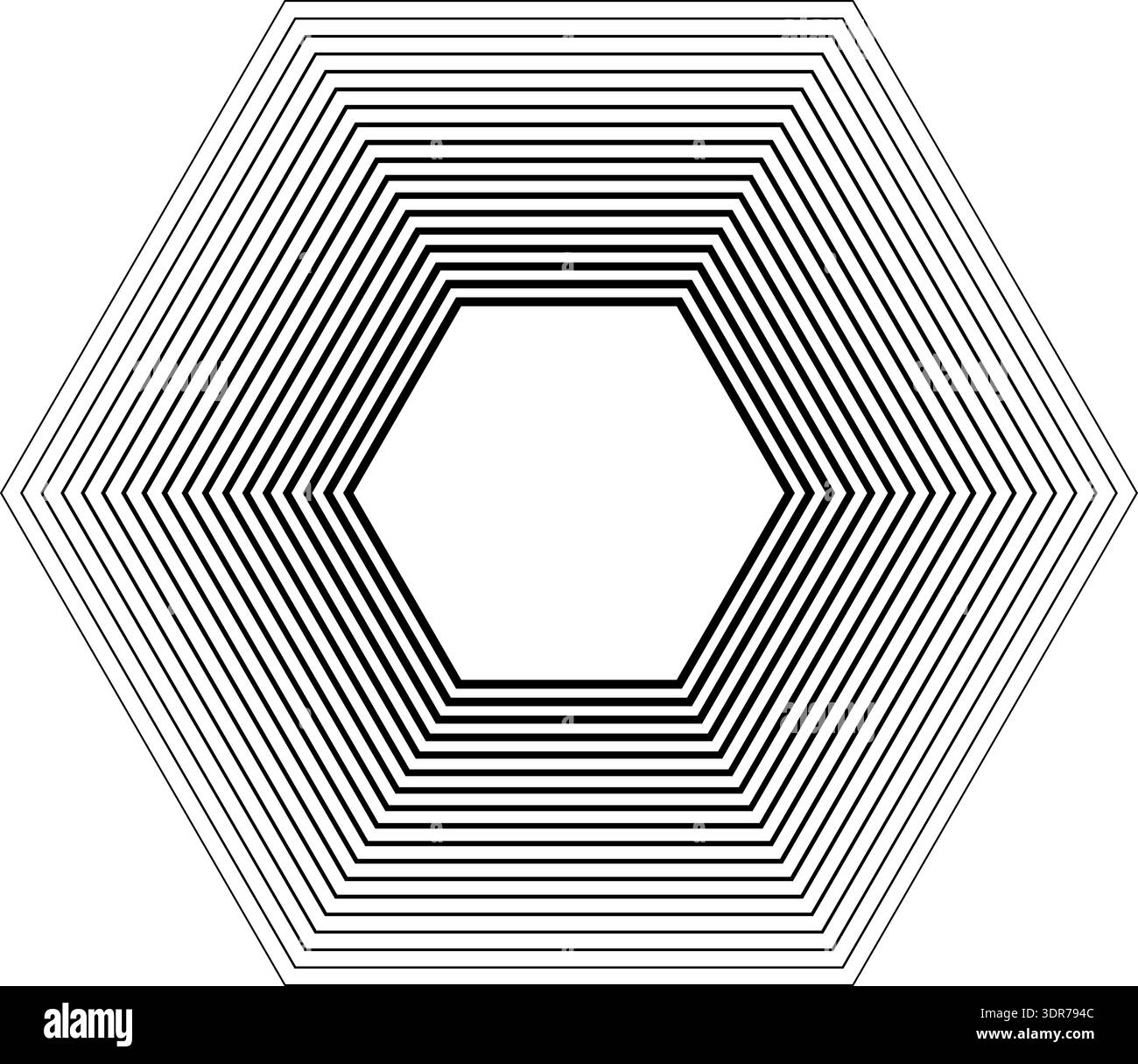 Hexagonal shape with 18 concentric continuous lines with thicker inner lines and thinner outer lines without gradient Stock Vector