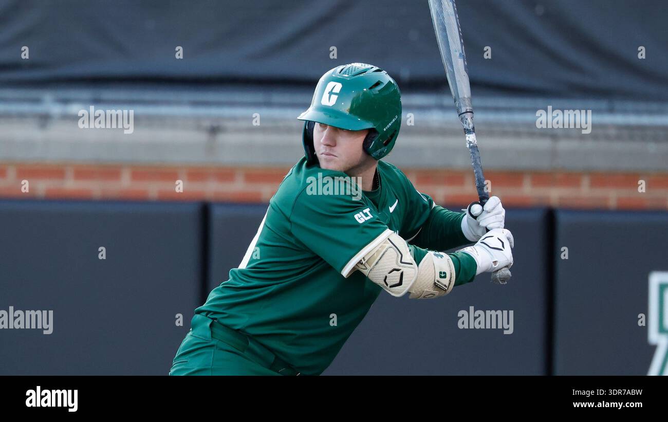 Charlotte's Dylan Koontz bats during an NCAA baseball game against San ...