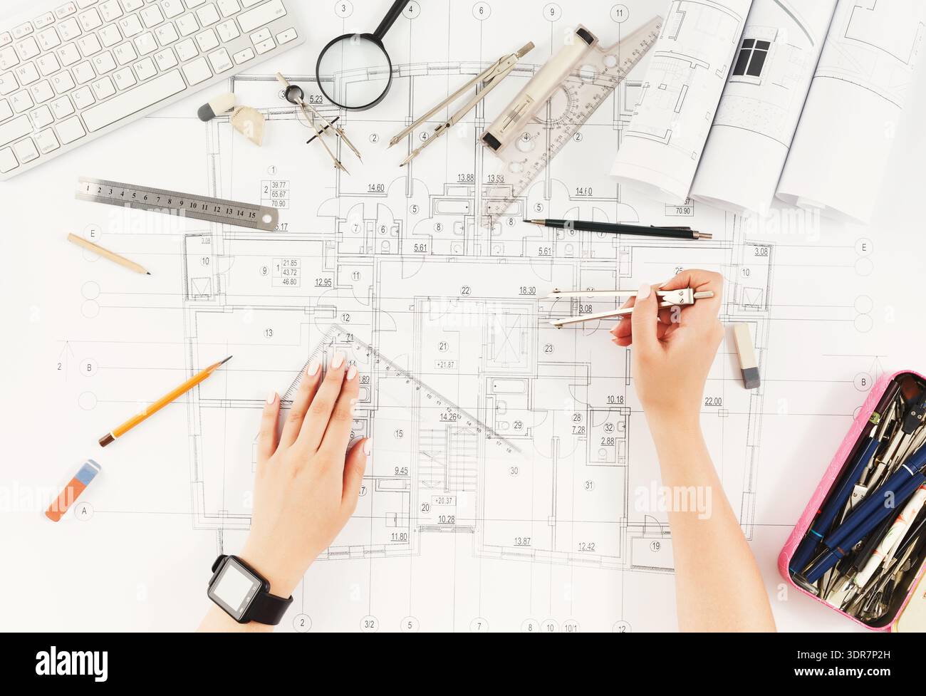 Creating a Design Plan With Tools and Materials on a Table for an Architectural Project Stock Photo