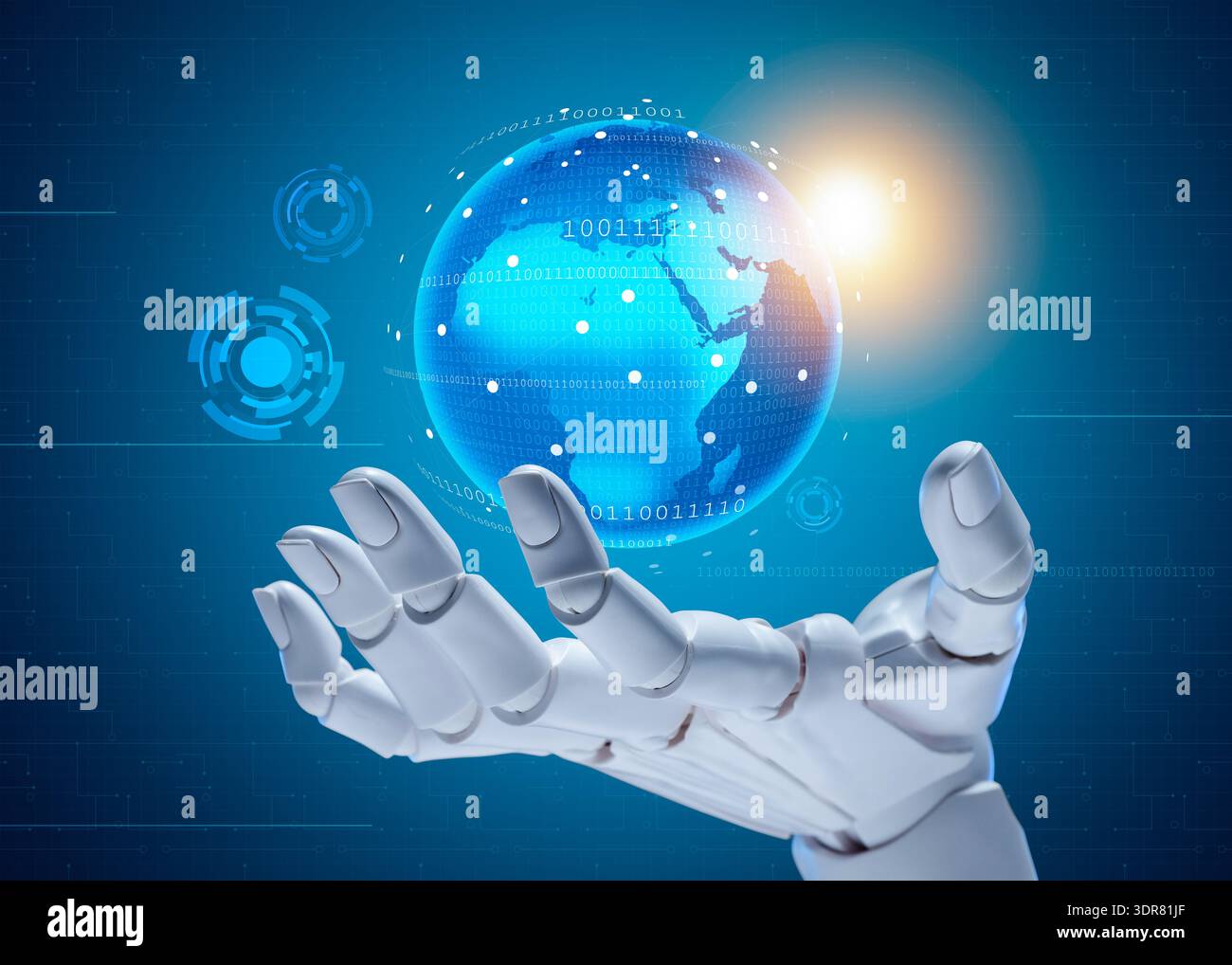 Robot hand holding virtual globe on blue gradient background. Artificial intelligence in global development Stock Photo