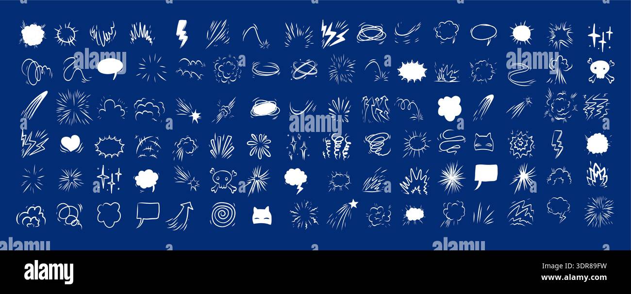 Comic effect manga elements set with white line icons on blue ...