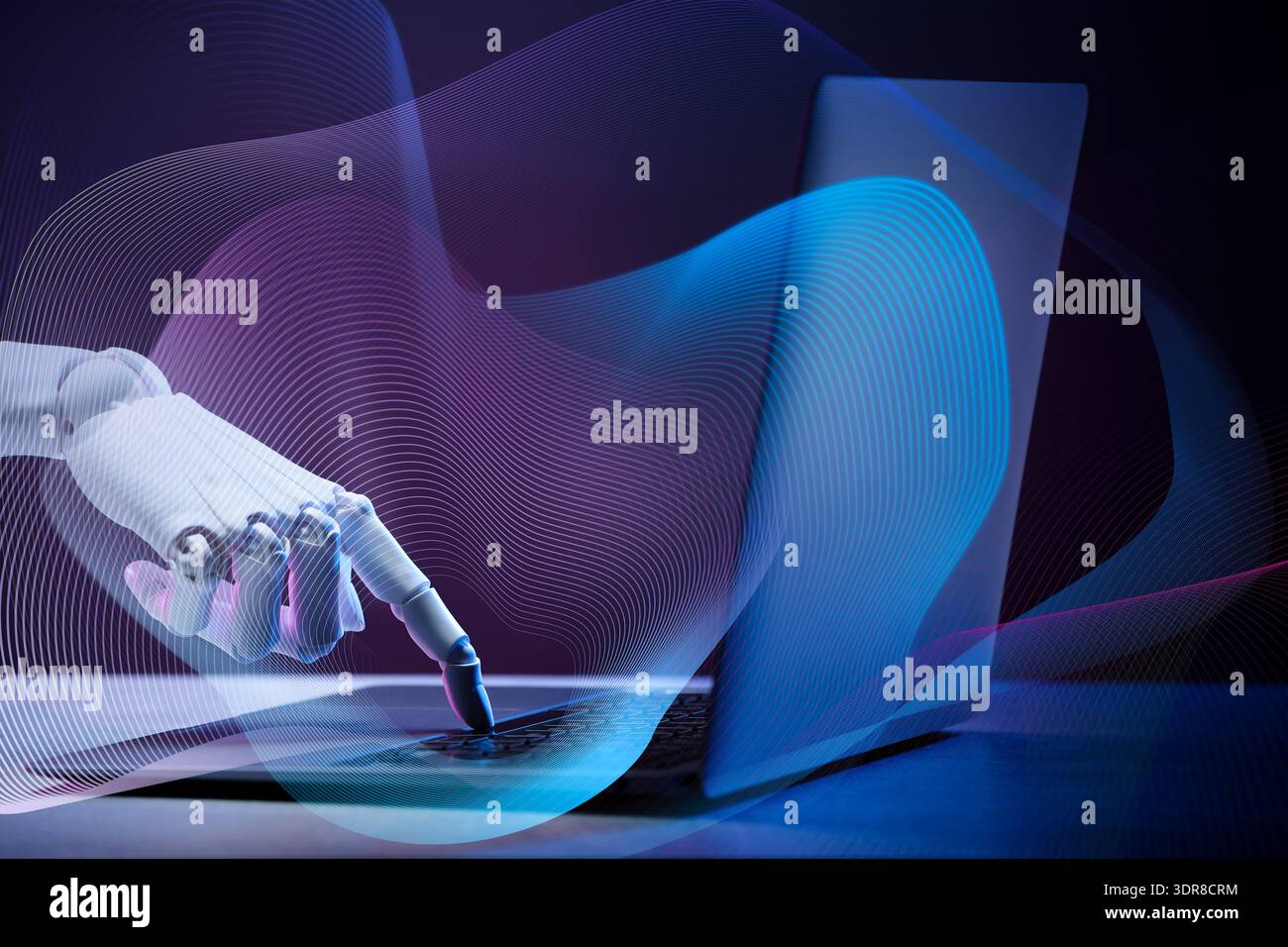 Artificial neural network. Robot using laptop at table Stock Photo