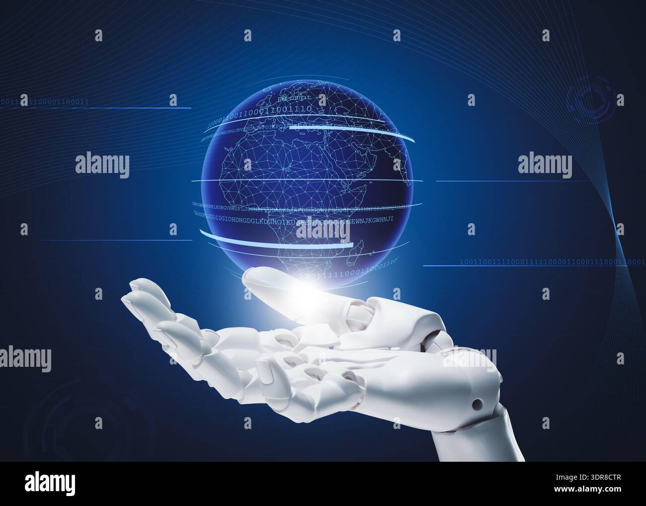 Robot hand holding virtual globe on blue gradient background. Artificial intelligence in global development Stock Photo
