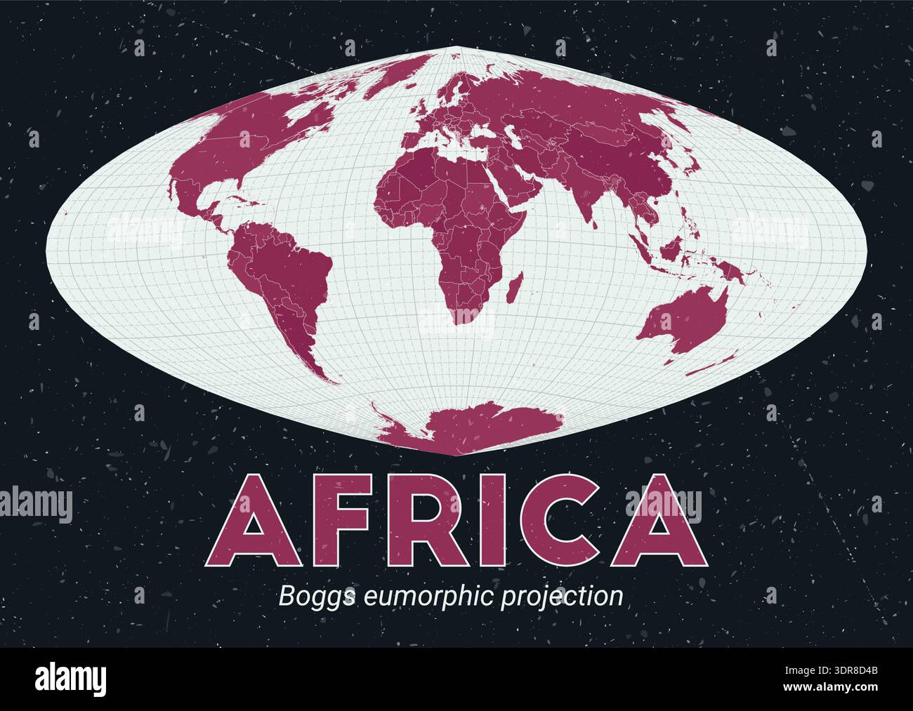 Africa world map. Boggs eumorphic projection centered on Africa. Pale mint and dark pink palette. Vintage texture. Appealing vector illustration. Stock Vector