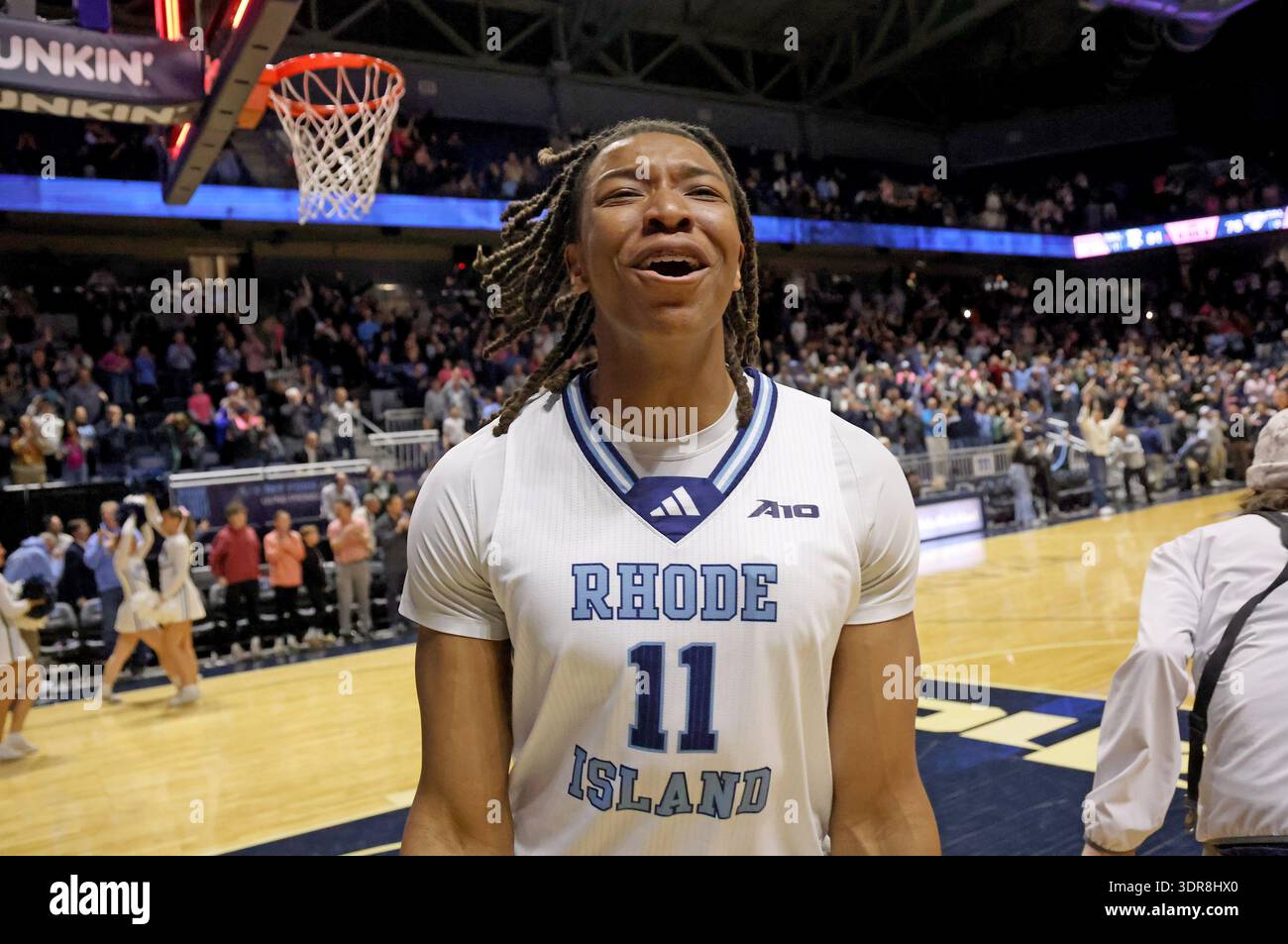 Rhode Island forward Javon Perry (11) reacts after defeating Saint ...