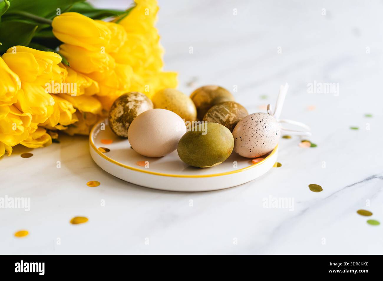 Minimalist Easter eggs dyed with natural colors. Happy Easter Day Stock Photo