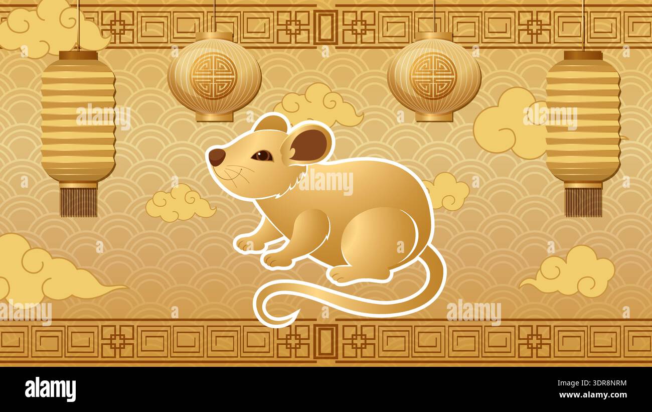 Gold rat character vector on patterned background with paper lanterns and stylized oriental clouds Stock Vector