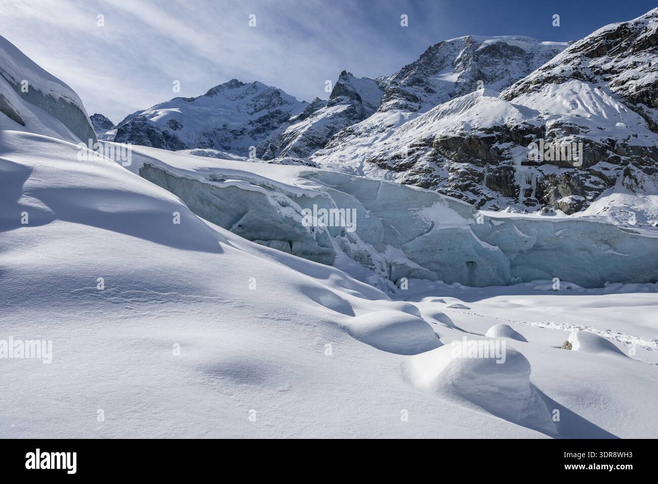 Snowy glacier, Morteratsch Glacier, Bernina Range, Engadin, Graubuenden, Switzerland Stock Photo