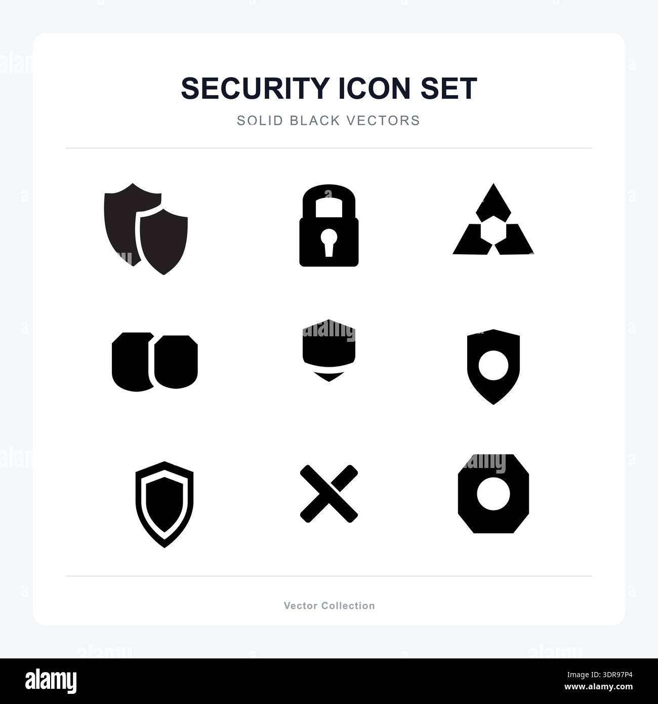 Minimalist Black Solid Security Icons for Cybersecurity, Privacy, and Data Protection Stock Vector