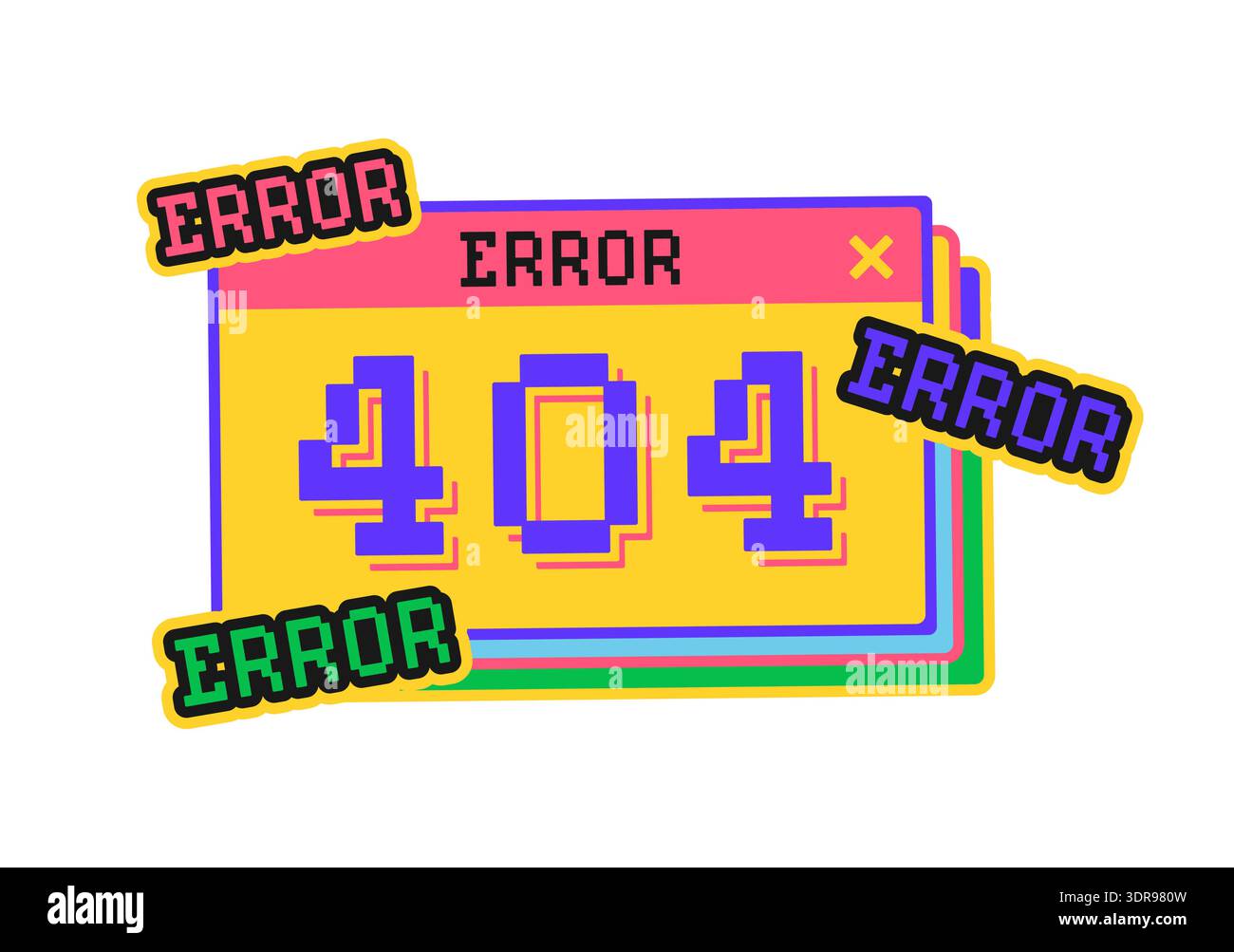 Computer 404 error window Y2K groovy sticker or retro symbol. PC technology funky vector tag, 2000s computer hardware retro sticker. Operating system or web browser error message window groovy label Stock Vector