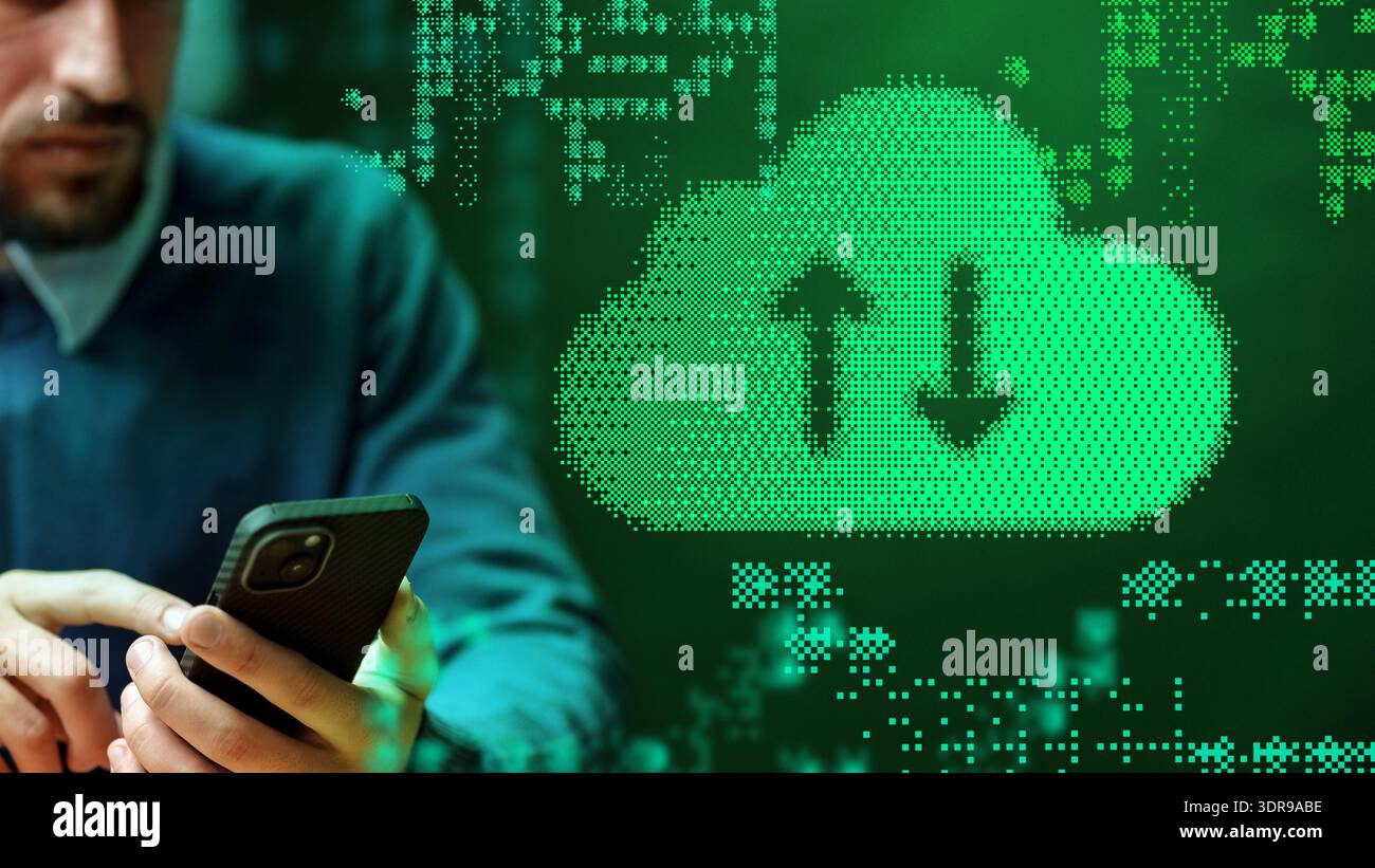 Man using smartphone to upload and download data in digital environment Stock Photo