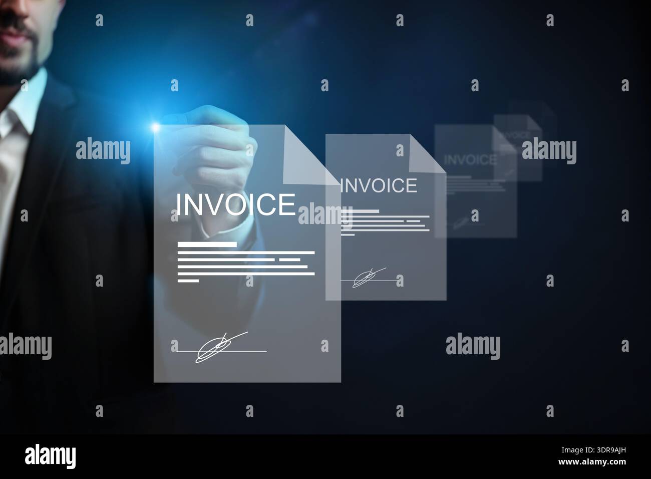 Businessman preparing banking invoice payment with digital documents in office setting Stock Photo