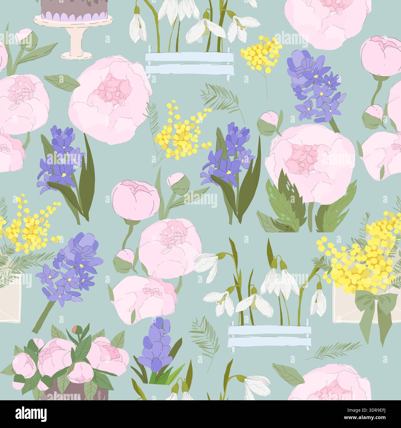 Seamless Pattern with Fresh Spring Flowers Bouquets Stock Vector
