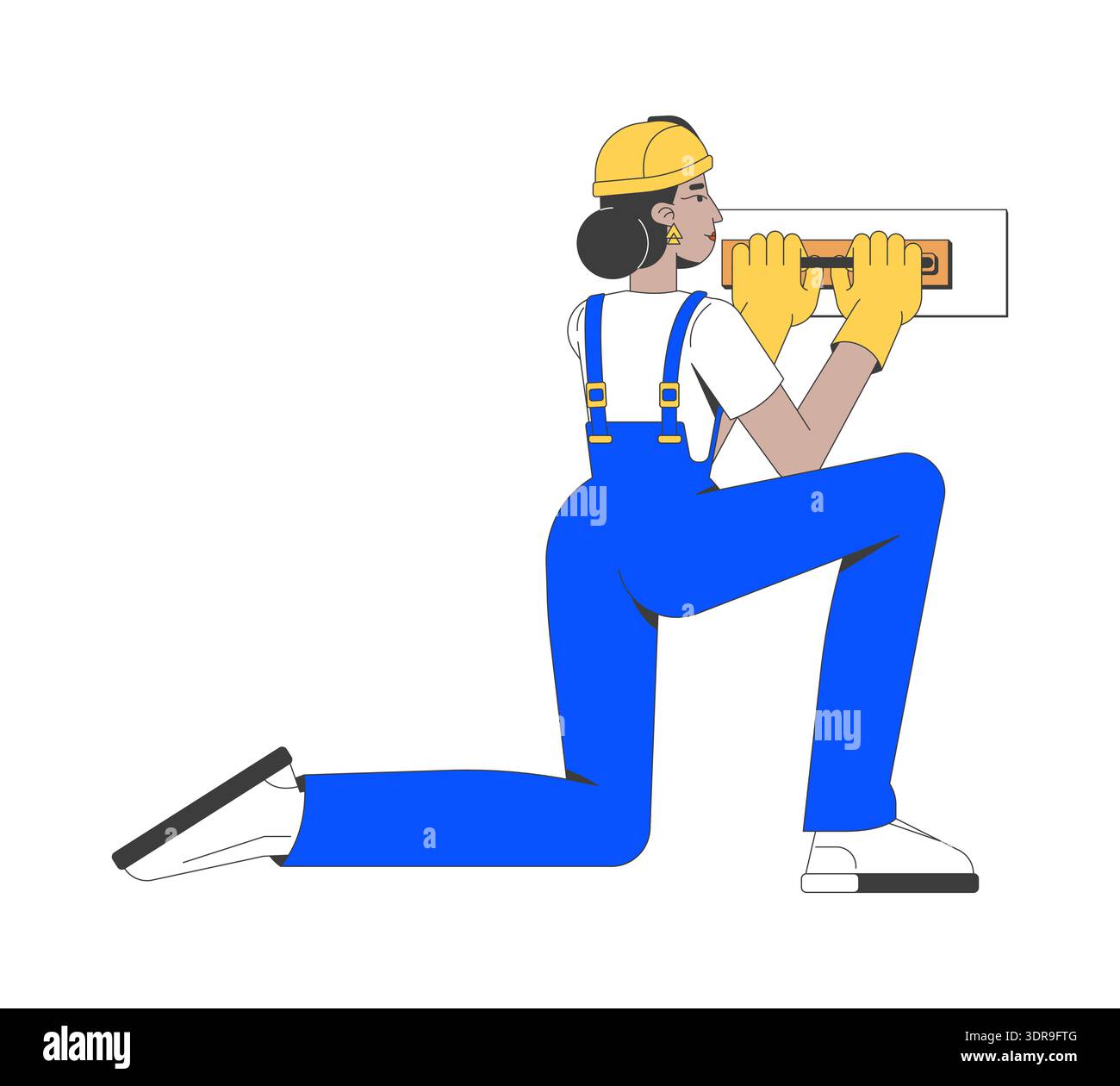 Female construction worker applying wall putty 2D cartoon character Stock Vector