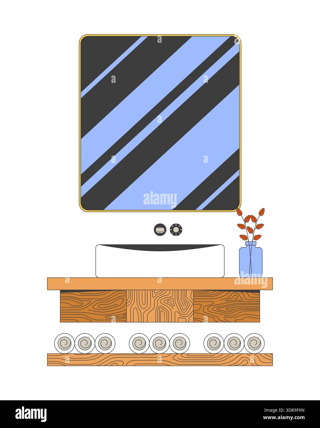 Modern bathroom sink with mirror 2D cartoon object Stock Vector