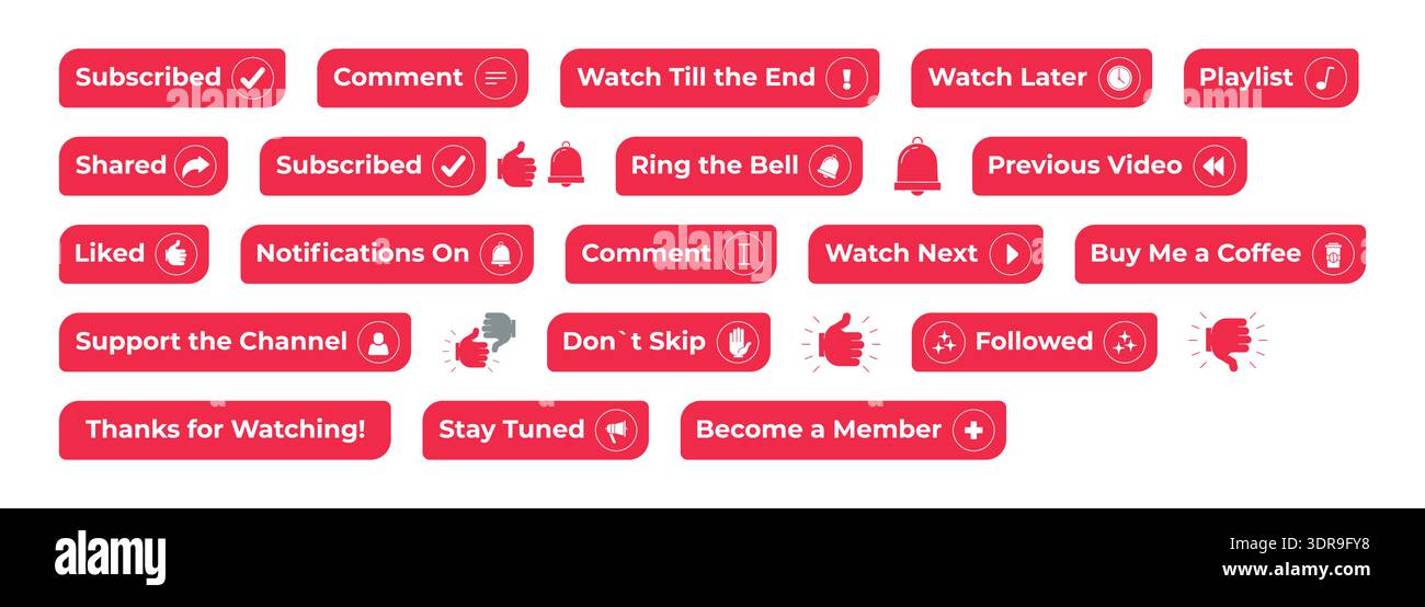 Red enabled flat social media web button set Stock Vector