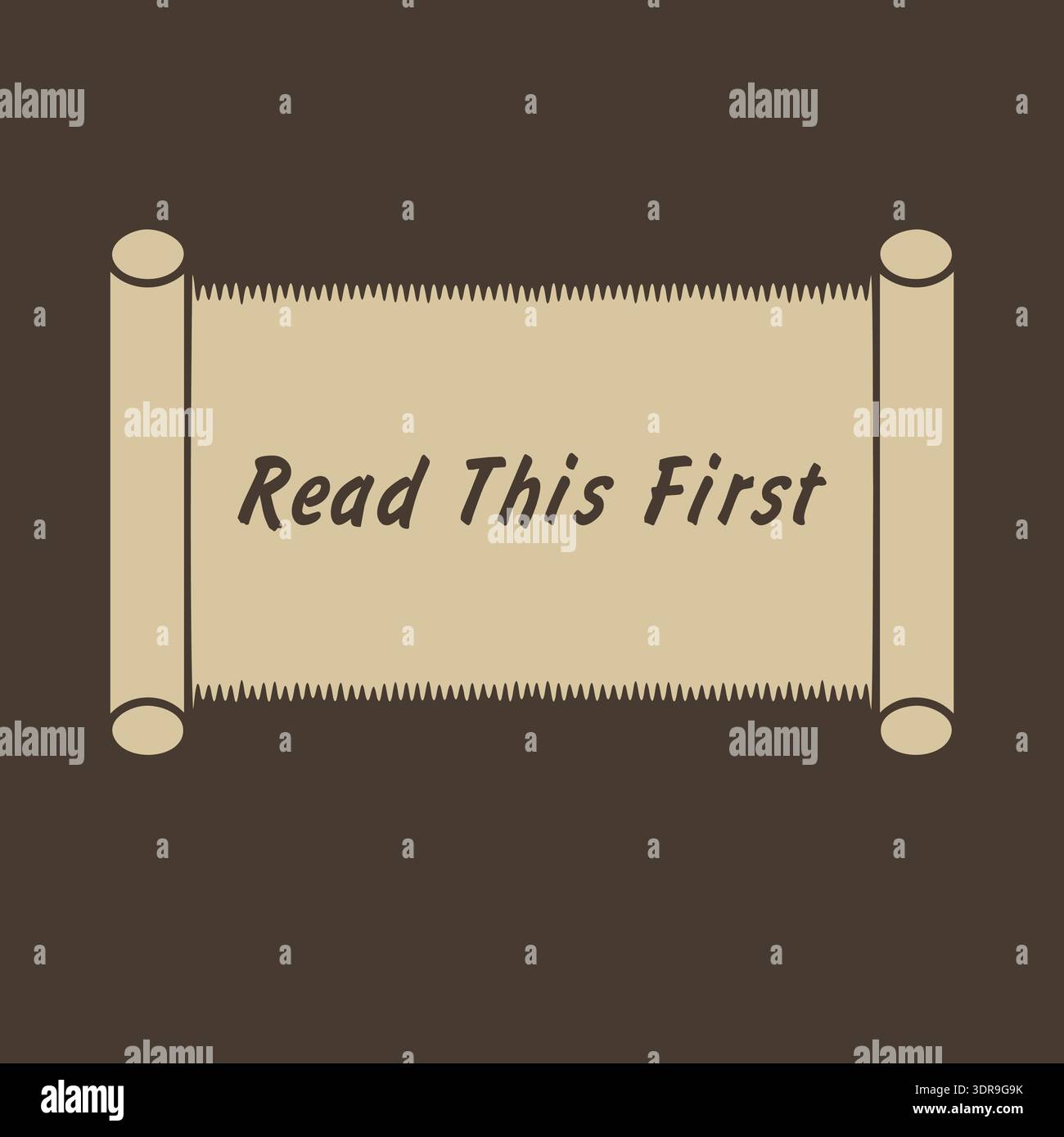 Scroll style label with read this first text centered on a parchment banner frame Stock Vector