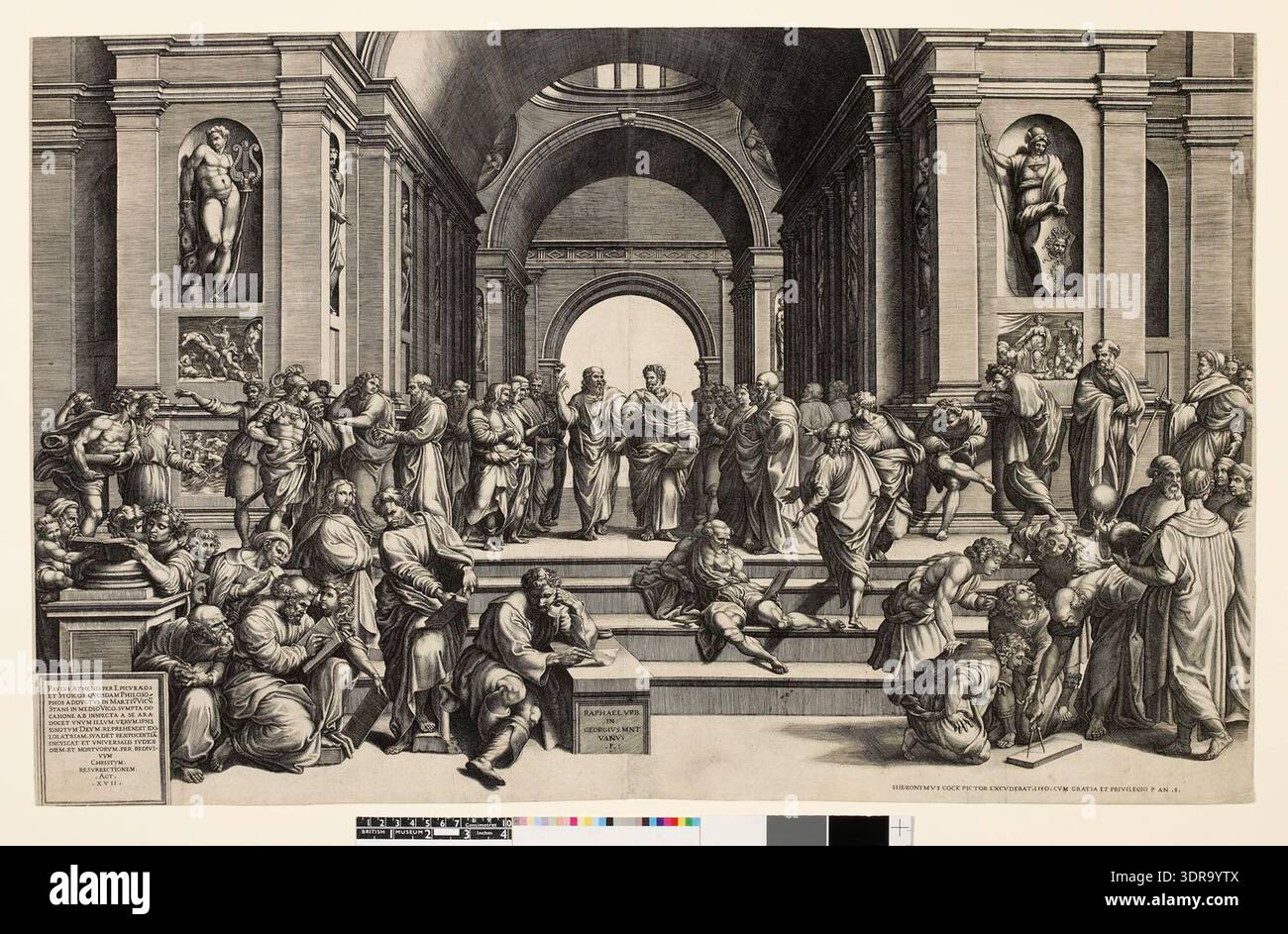 Engraving, 1550, after Raphael, depicting 'The School of Athens' fresco ...