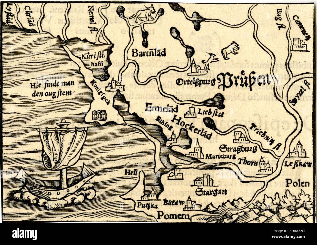 This woodcut map from 1544-1552 depicts Prussia, included in a Latin ...