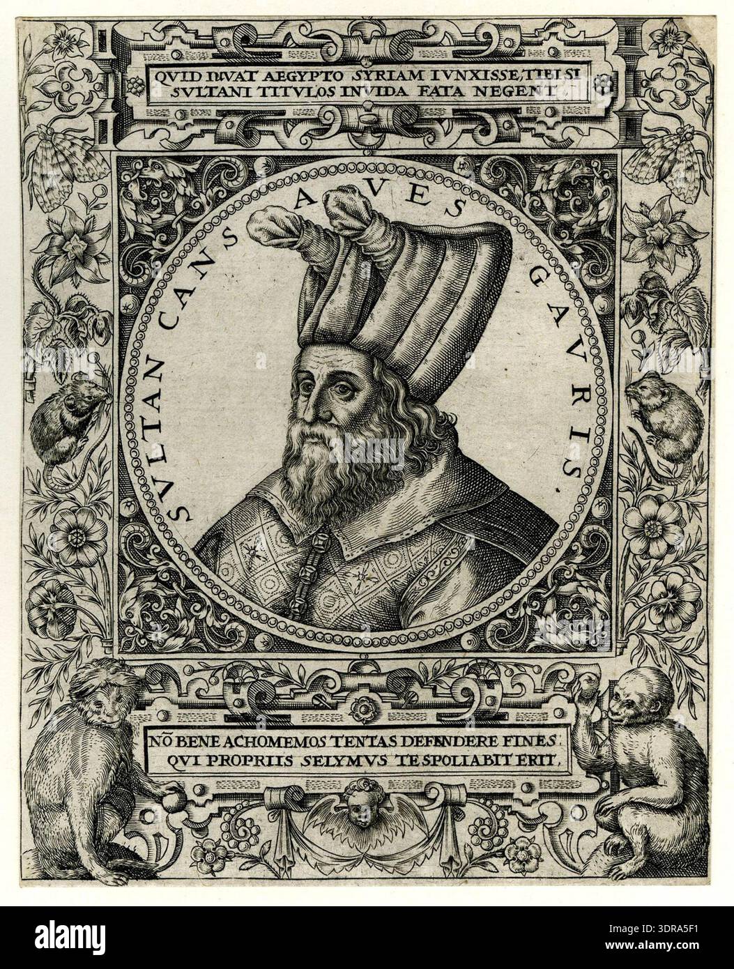 Engraving 1596 showing Sultan Cansaues Gauris, bust in profile to right ...