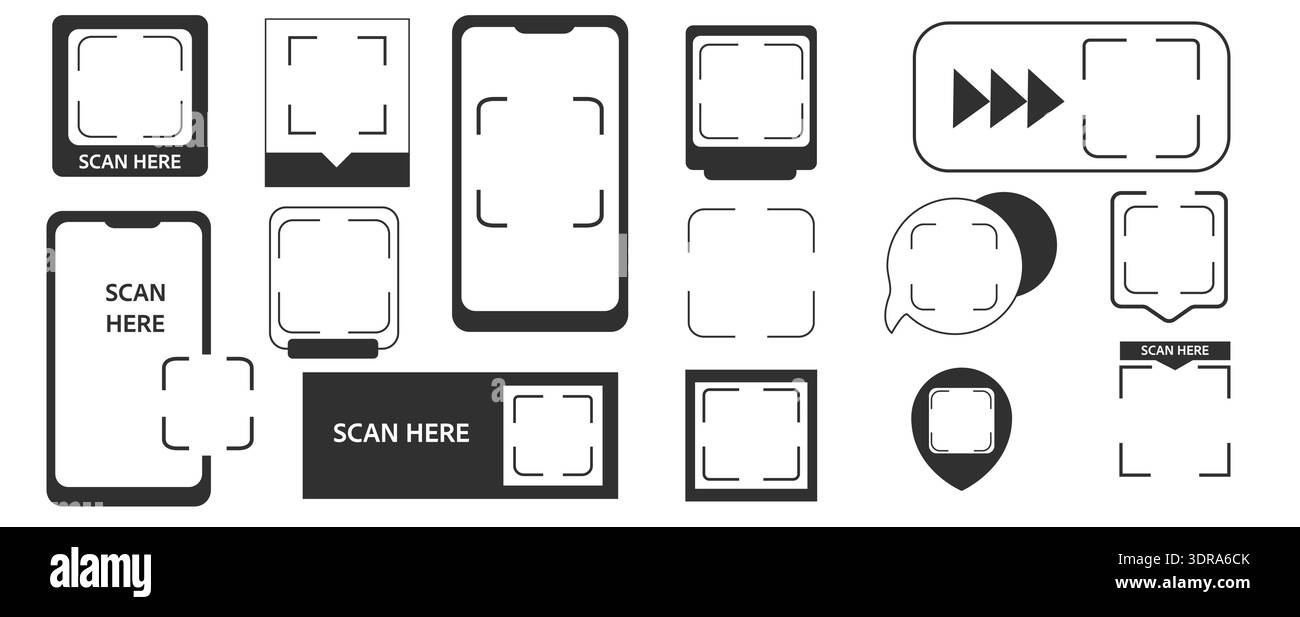 Scanning frames Qr codes stickers and scan me phone tag inscription ...