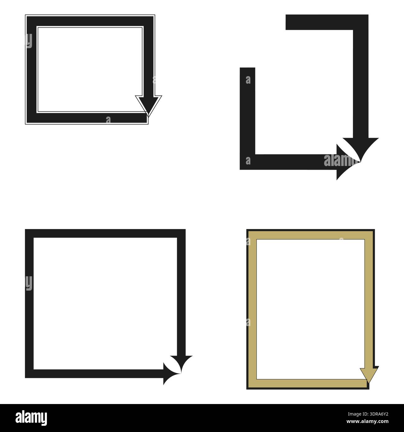 Square arrow frames. Rectangular pointer shapes. Directional Vector border. Angular guide element. Stock Vector